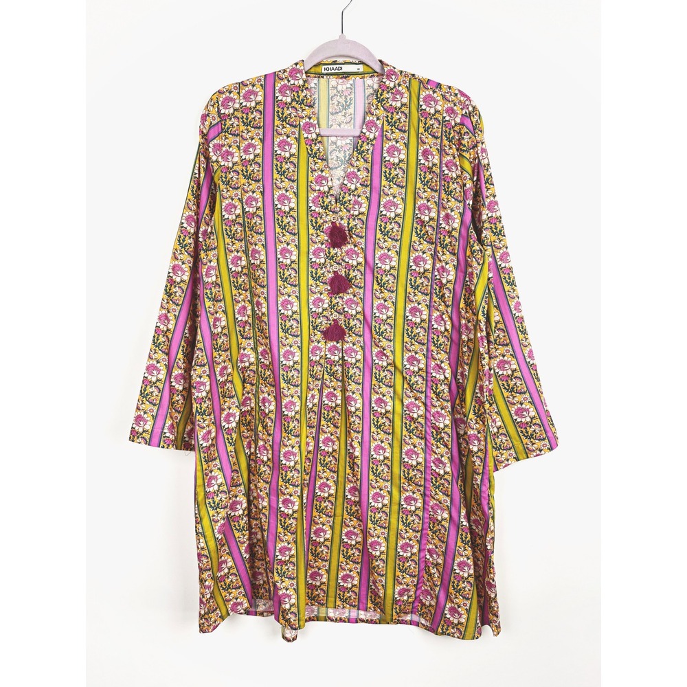 Khaadi Floral Striped Longline Tunic Top Kurta Tassel V-Neck Size 12